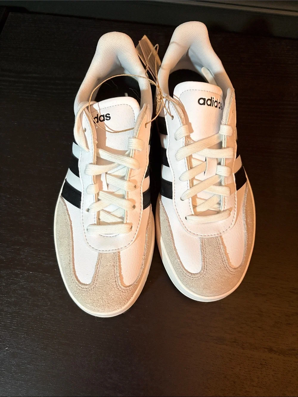 adidas Kids White Sneakers with Black Stripes and Beige Suede